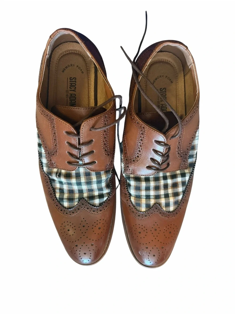 NWOT.Stacy Adams, Dutton Wingtip,Brown Leather/ Black & White Plaid.MEN SIZE 11!